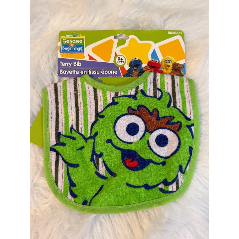 Sesame Beginnings Oscar the Grouch Terry Baby Bib Green White Stripe BK50661